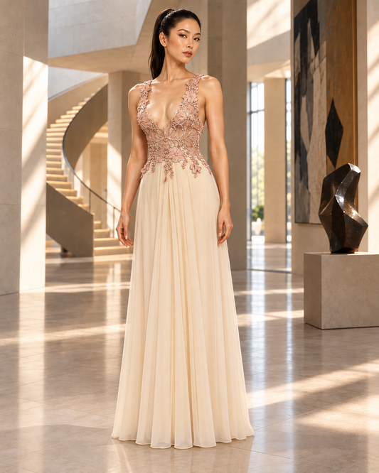 A woman stands in a grand, sunlit interior hallway wearing a formal floor-length gown. The dress has a deep V-neckline, sleeveless cut, and a fitted bodice with dense floral embroidery and beadwork in a warm blush tone, transitioning into a flowing cream chiffon skirt.