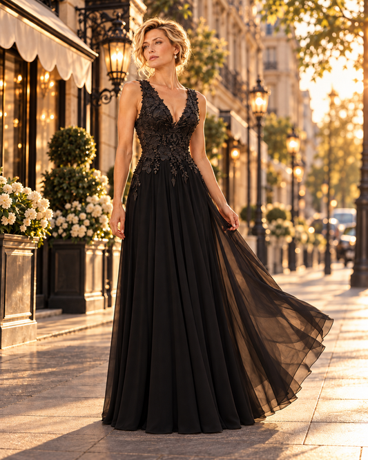 A woman stands on a sunlit city sidewalk wearing a floor-length black evening gown with a deep V-neck, beaded lace bodice, and flowing sheer skirt. Buildings, lamp posts, and flower boxes line the street in the background.
