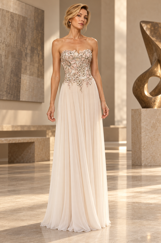 A woman models a strapless floor-length gown in a bright, modern indoor setting with sculptures and warm sunlight. The dress has a sweetheart neckline, a heavily embellished beaded bodice in pale pink and metallic tones, and a flowing cream chiffon skirt.