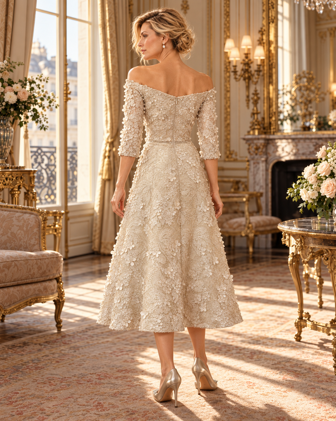 A woman stands in a grand, ornate room wearing a champagne off-the-shoulder midi dress with 3/4 sleeves and intricate floral applique. The dress features a structured waist and a full, flowing skirt.