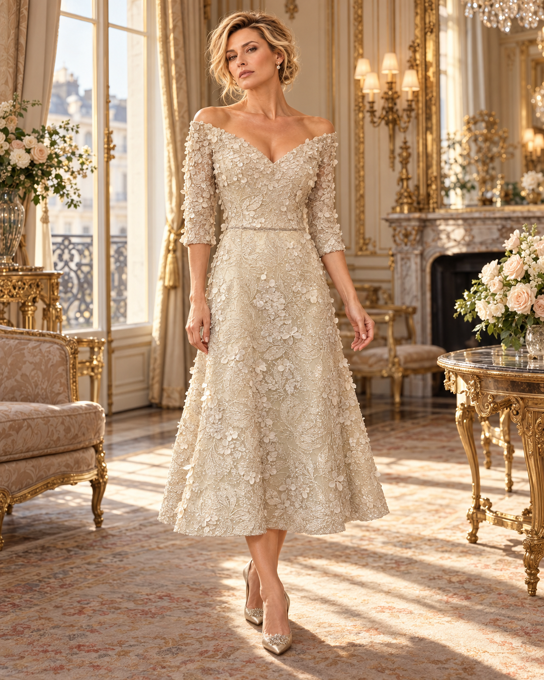 A woman models an elegant off-the-shoulder midi dress in a luxurious, ornate room with gold accents. The dress features intricate floral lace applique and a V-neckline.