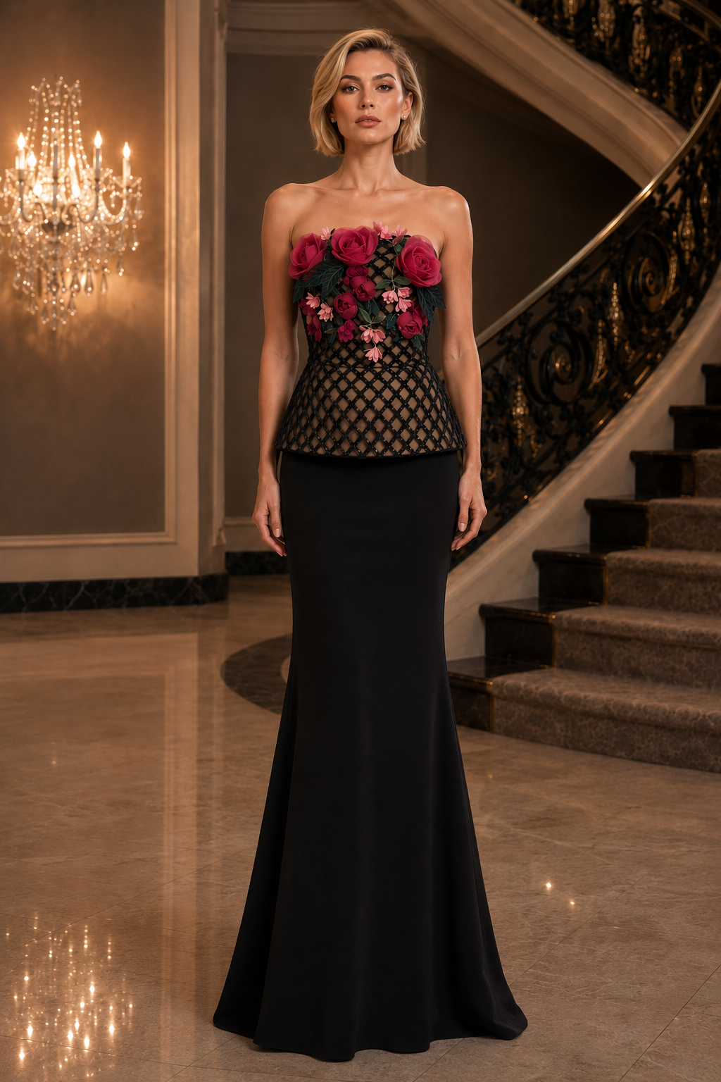 A woman models a strapless black evening gown with a floral bodice in shades of pink and burgundy, standing in a grand interior hallway with a staircase and chandelier.