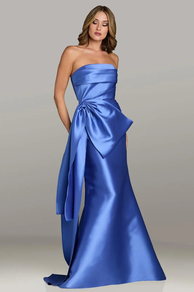 Gia Franco 12534 strapless gown in blue featuring an oversized bow accent, perfect for formal evenings and mother of the bride or groom.