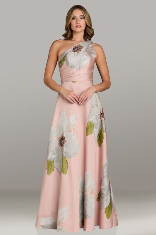 Model wearing Gia Franco 18544 one-shoulder floral A-line gown with ruched waist detail.