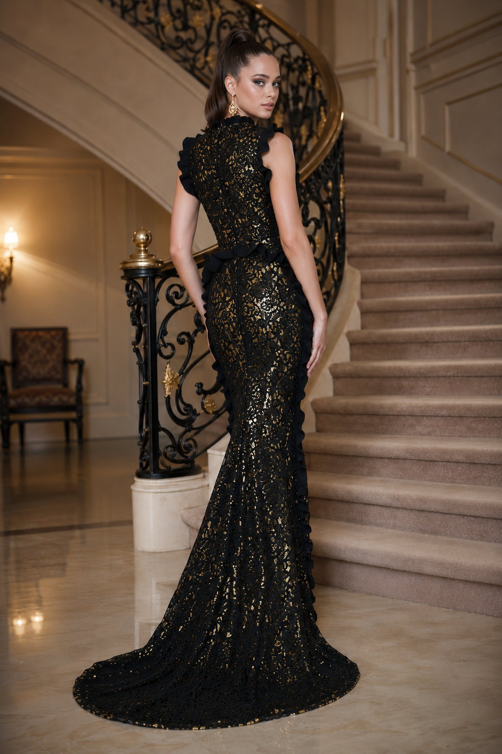 A woman stands on an indoor staircase wearing a floor-length black gown covered in shimmering gold sequins, shown from the back with a slight side pose. The setting is a grand interior with beige stone steps, a black metal railing, and warm wall lighting.