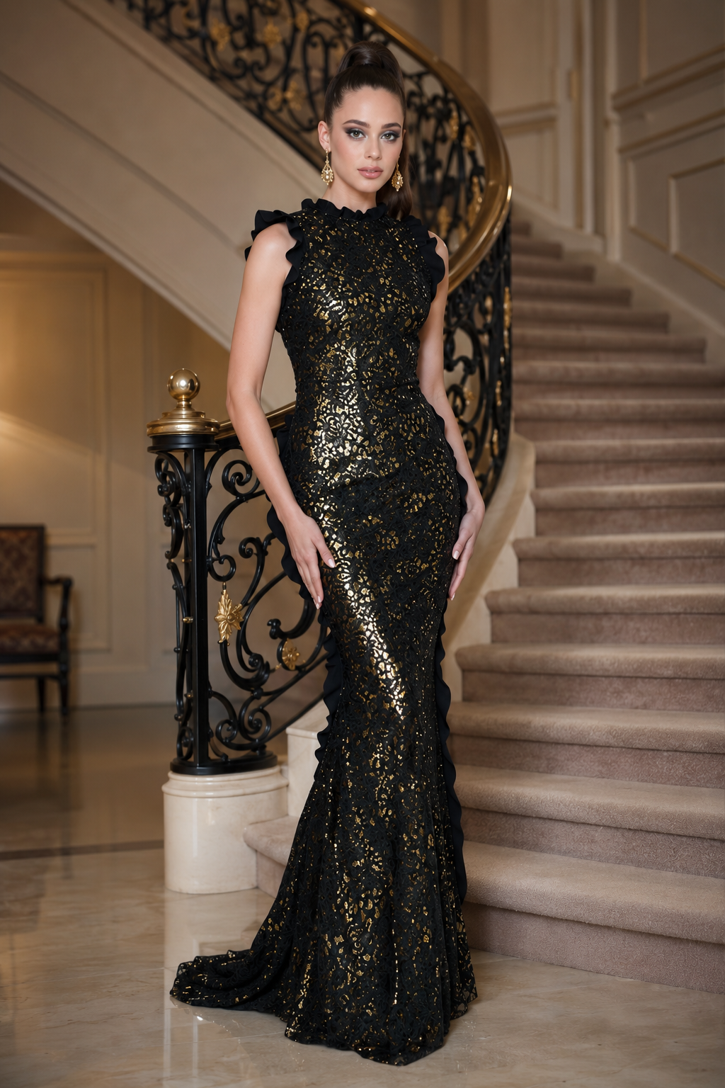 A woman models a floor-length black evening gown covered in shimmering gold sequins, featuring ruffled shoulder details and a flared mermaid hem, posed in front of an elegant indoor staircase.