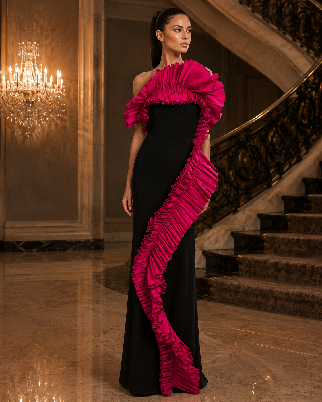 Greta Constantine Befani gown with dramatic asymmetrical pleated ruffles, fitted column silhouette and cascading statement detail.