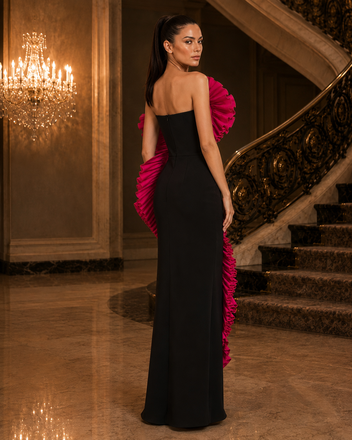 A woman stands in a grand interior hallway wearing a floor-length black gown with dramatic bright pink ruffled fabric attached along one shoulder and cascading down the back side. The setting includes a staircase and chandelier.