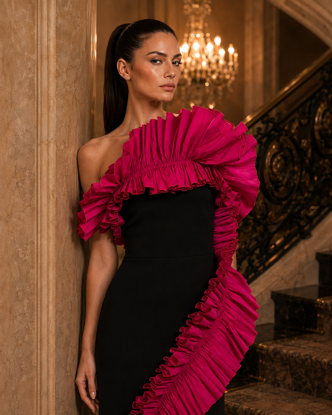 Greta Constantine Befani gown with dramatic asymmetrical pleated ruffles, fitted column silhouette and cascading statement detail.