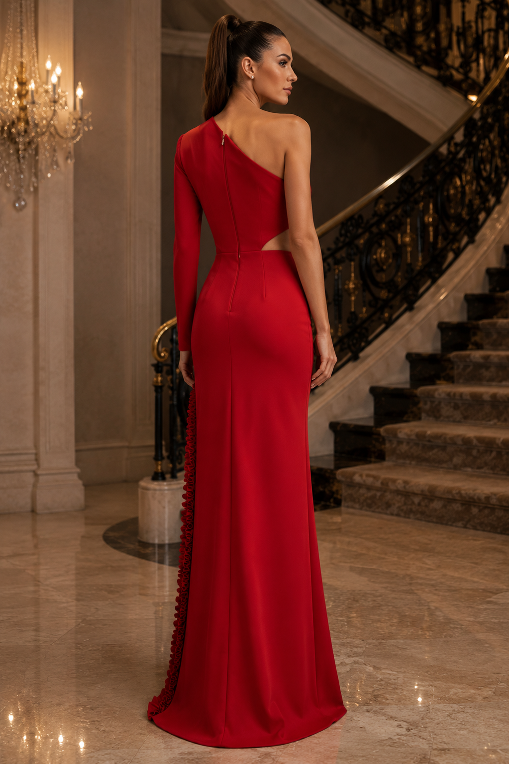 A woman modeling a floor-length red evening gown from the back in an elegant indoor setting with a staircase and chandelier.