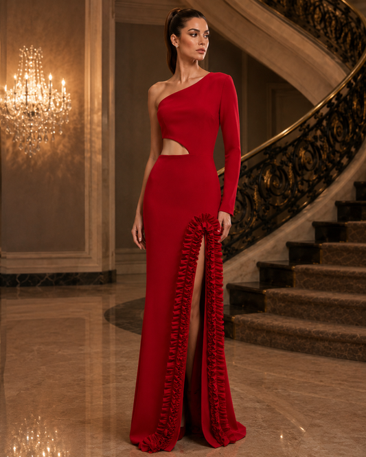 A woman models a vibrant red one-shoulder evening gown with a long sleeve, a side cutout, and a dramatic ruffled train, set against an elegant indoor staircase background.