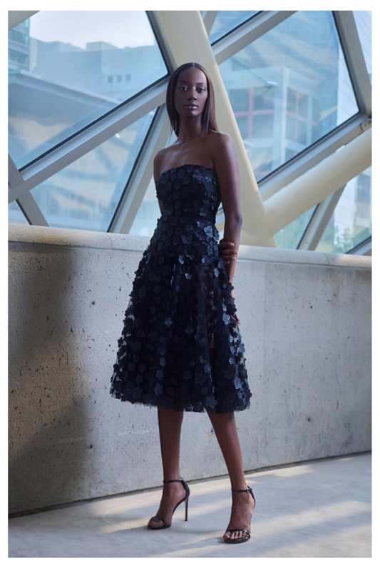 Greta Constantine Mason - A chic strapless cocktail dress adorned with appliqué flowers, ideal for making a statement at evening cocktail events.
