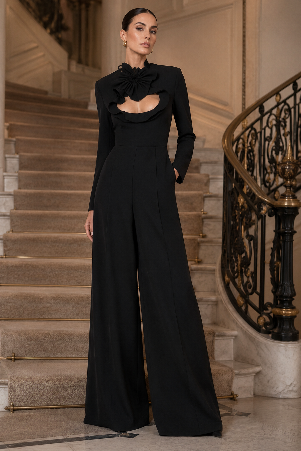 A woman stands on an indoor staircase wearing a black long-sleeve wide-leg jumpsuit with a large bow at the neckline and a cutout at the bust. The setting includes stone steps and an ornate black metal railing.