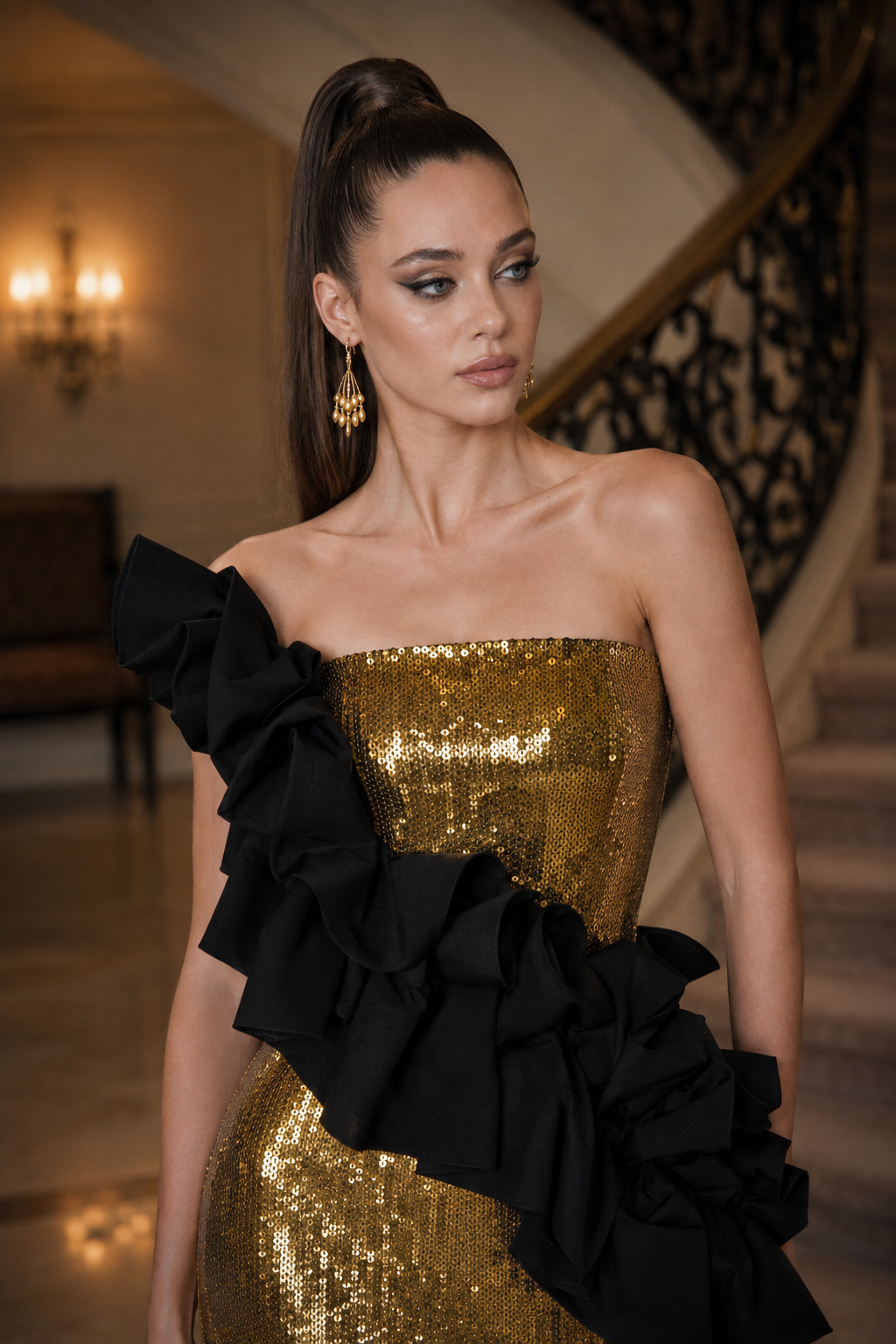 A woman models a strapless gold sequined gown with dramatic black ruffled draping on one shoulder and across the bodice, set in an elegant indoor staircase hallway.