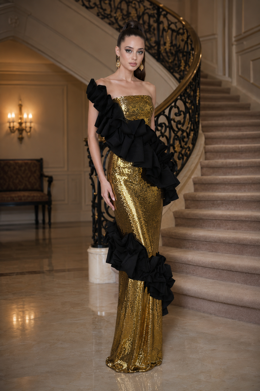 A woman models a floor-length evening gown in a grand interior with a staircase. The dress is gold sequined with dramatic black ruffled overskirts on one shoulder and along the hem.