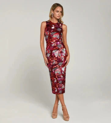 Helsi Alex High-Neck Sequin Midi Dress - A glamorous sleeveless midi dress with a high neckline, large sequin floral pattern, fitted silhouette, and center back slit.