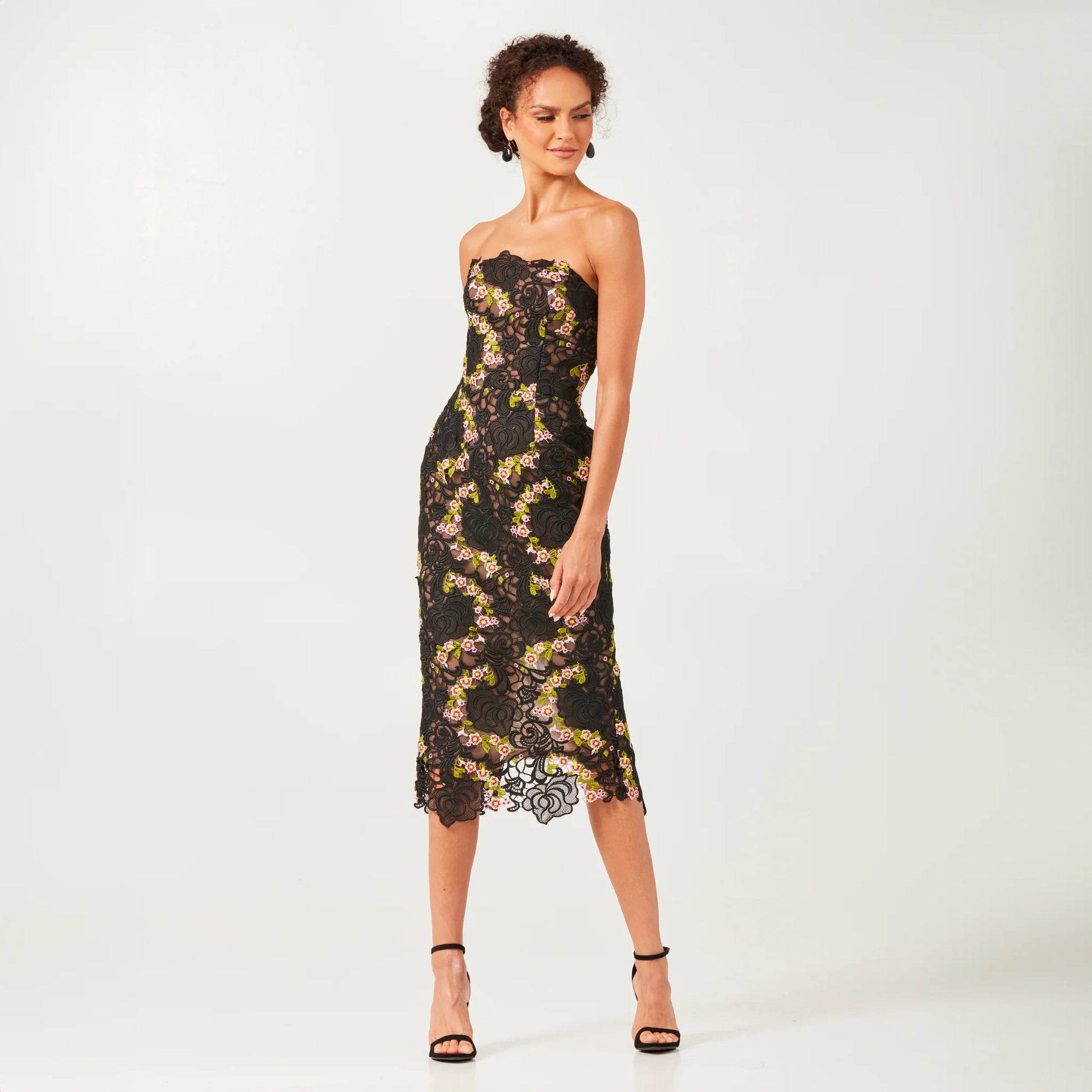 Helsi CECILIA DR6221 Strapless 3D Floral Midi Dress - A strapless midi dress featuring 3D floral appliques, a fitted silhouette, and a lace-up bodice with grosgrain ribbon, perfect for evening formal events and red carpet occasions.