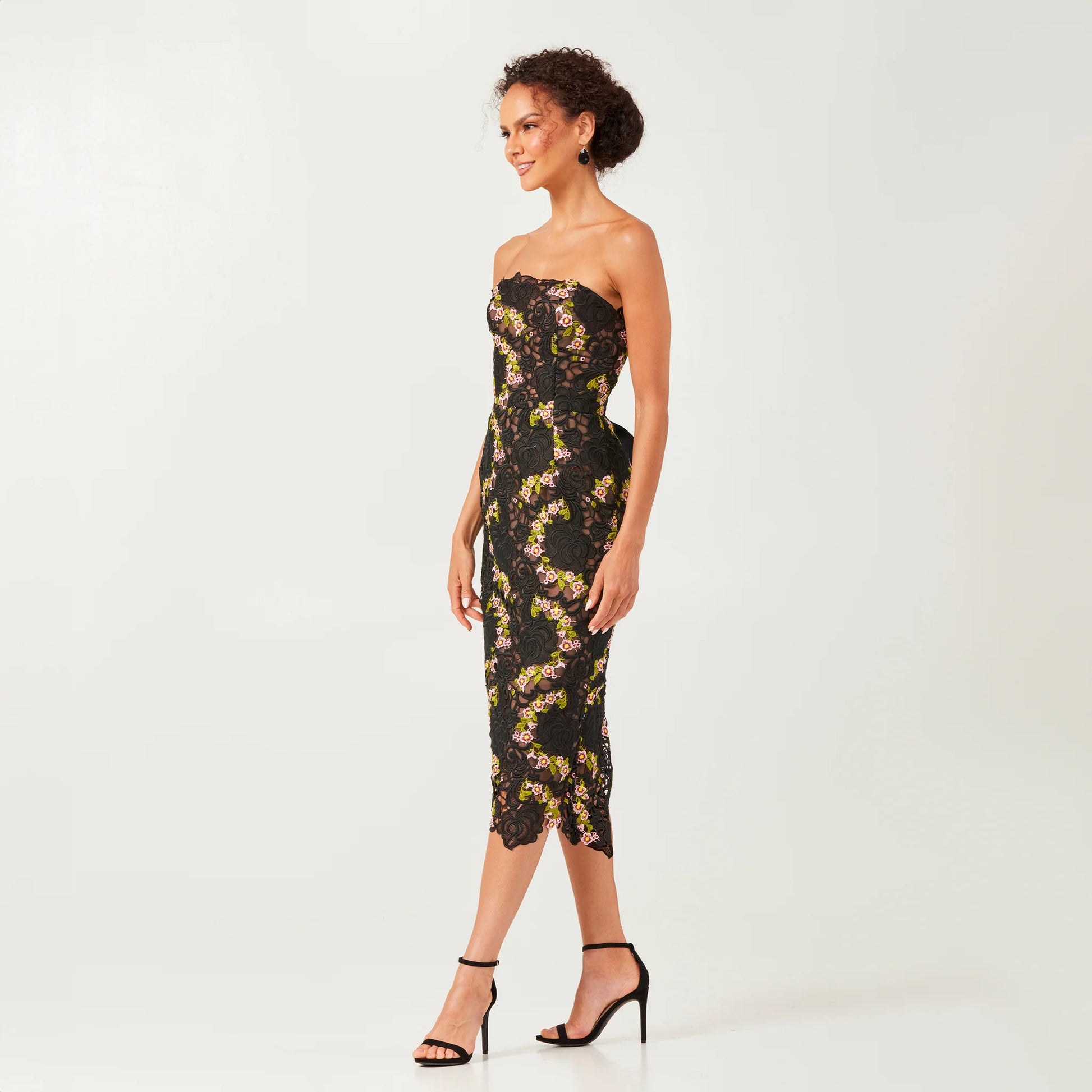 Helsi CECILIA DR6221 Strapless 3D Floral Midi Dress - A strapless midi dress featuring 3D floral appliques, a fitted silhouette, and a lace-up bodice with grosgrain ribbon, perfect for evening formal events and red carpet occasions.