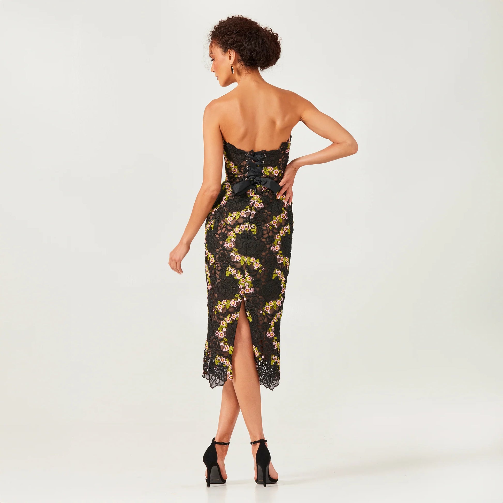 Helsi CECILIA DR6221 Strapless 3D Floral Midi Dress - A strapless midi dress featuring 3D floral appliques, a fitted silhouette, and a lace-up bodice with grosgrain ribbon, perfect for evening formal events and red carpet occasions.