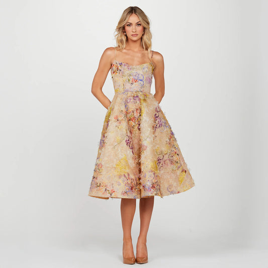 Helsi Stephanie Fit and Flare Midi Dress - A formal evening dress featuring a demi neckline, scoop back, adjustable straps, embroidered lace bodice, and a crepe skirt with asymmetrical floral patterns.
