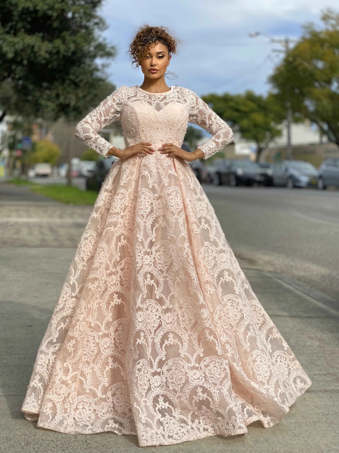 Jadore JX4048 Long Sleeve Lace Evening Gown - A stunning gown featuring long sleeves, a high neckline, intricate lace and beaded detailing, and a big flared out skirt, perfect for any evening occasion.