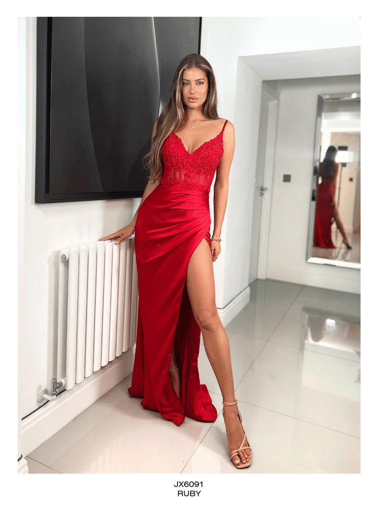 Jadore JX6091 Embellished Mesh Bodice Satin Evening Dress - A stunning dress with an embellished mesh bodice, beaded V-neckline, and ruched satin skirt, perfect for evening occasions and prom.