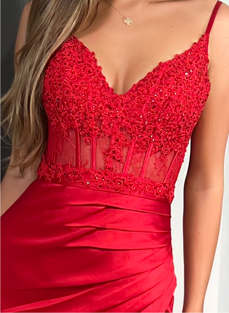 Jadore JX6091 Embellished Mesh Bodice Satin Evening Dress - A stunning dress with an embellished mesh bodice, beaded V-neckline, and ruched satin skirt, perfect for evening occasions and prom.