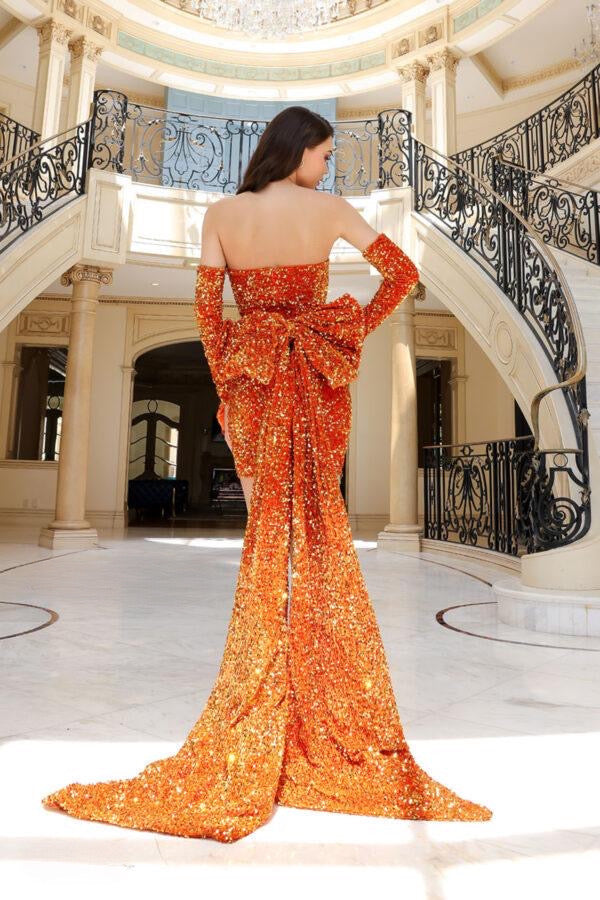 Jessica Angel 2452 Velvet Sequined Gown - Features a sweetheart neckline, velvet sequins, gloves, and a dramatic train. Perfect for prom, New Year's parties, formal evenings, and pageants.
