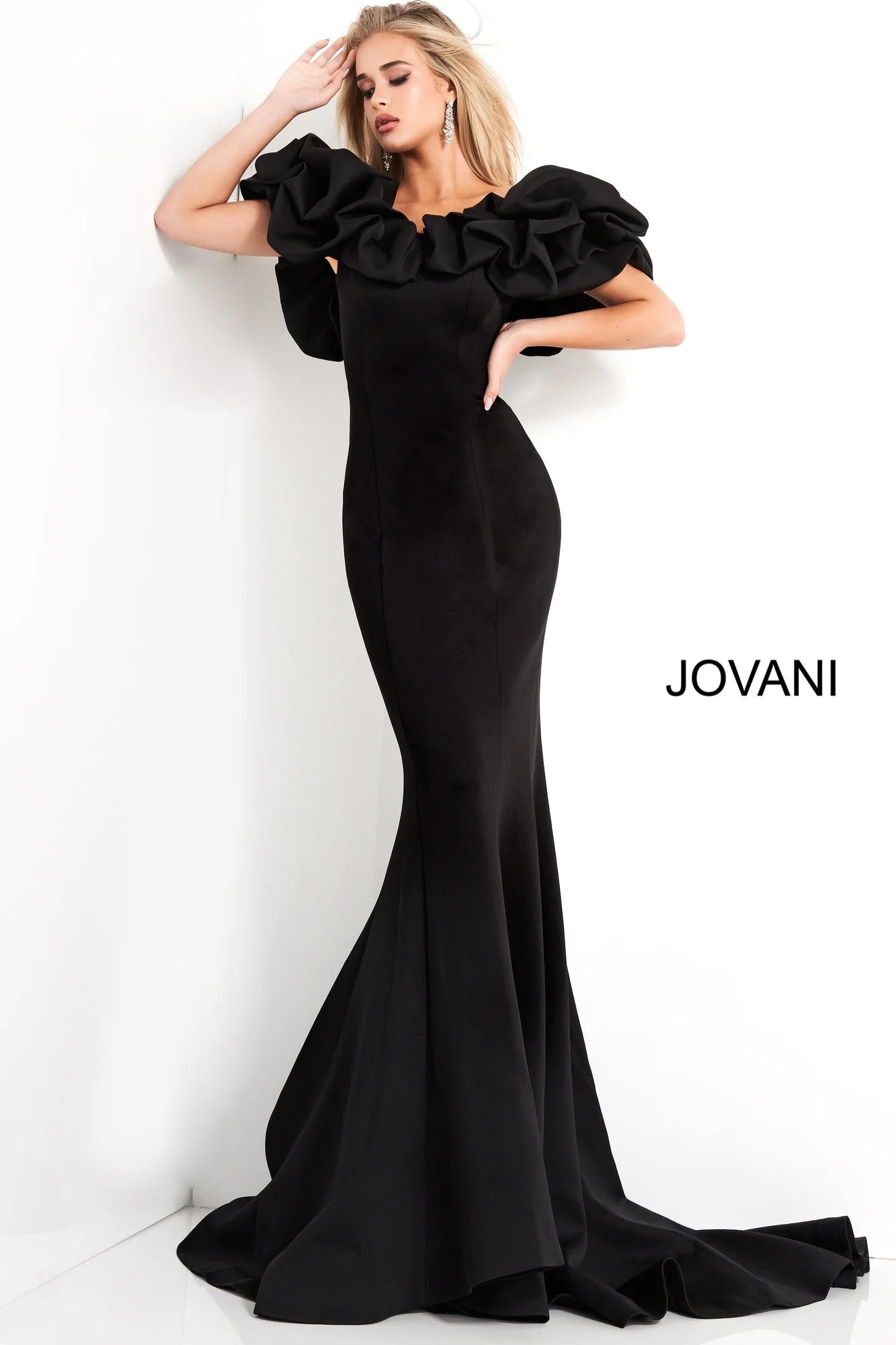 Jovani 04368 off-shoulder scuba gown in black, featuring dramatic ruffle sleeves and a mermaid silhouette, perfect for formal evenings and mother of the bride or groom.