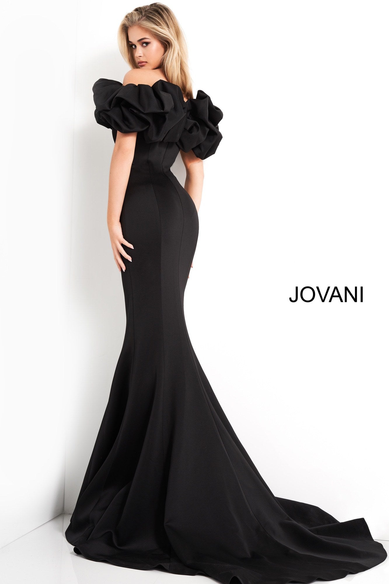 Jovani 04368 off-shoulder scuba gown in black, featuring dramatic ruffle sleeves and a mermaid silhouette, perfect for formal evenings and mother of the bride or groom.