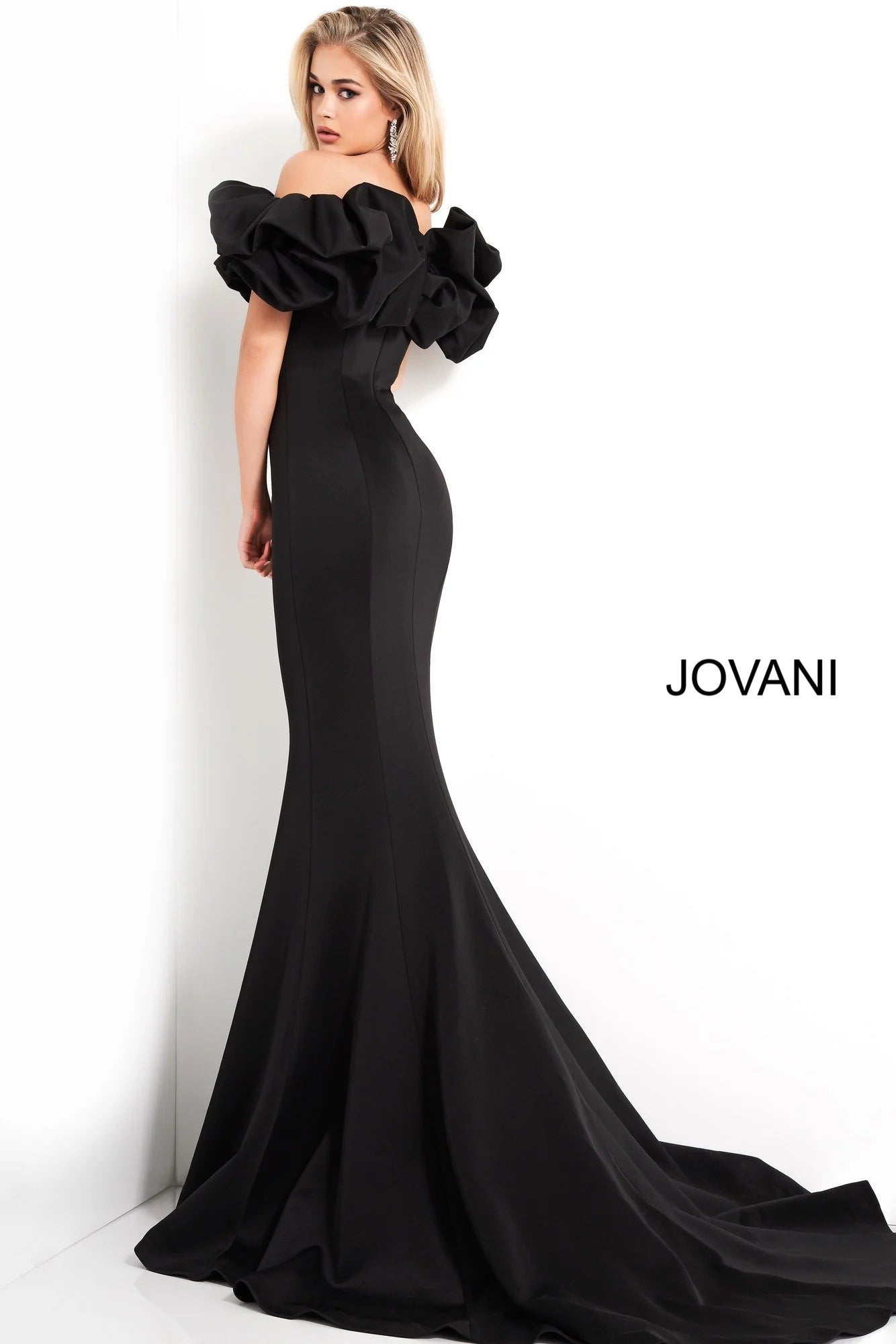 Jovani 04368 off-shoulder scuba gown in black, featuring dramatic ruffle sleeves and a mermaid silhouette, perfect for formal evenings and mother of the bride or groom.
