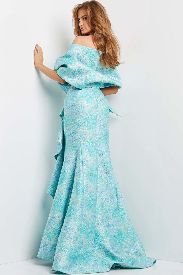 Jovani 08093 Mermaid Evening Dress with Ruffles, a stunning gown with a fitted bodice, dramatic trumpet skirt, and matching shawl. Perfect for evening events and special occasions.