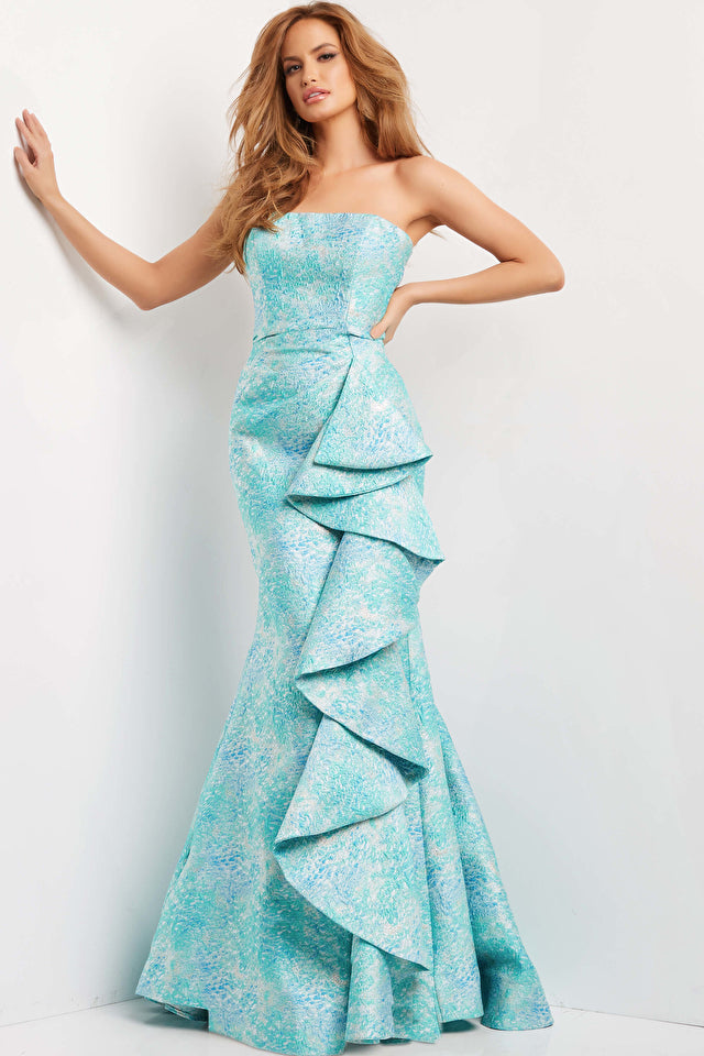 Jovani 08093 Mermaid Evening Dress with Ruffles, a stunning gown with a fitted bodice, dramatic trumpet skirt, and matching shawl. Perfect for evening events and special occasions.
