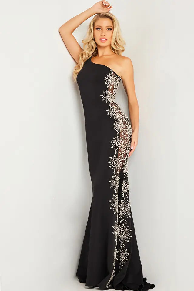 Jovani 22500 - A crystal embellished stretch jersey gown with a one-shoulder neckline, perfect for making a glamorous statement at formal events.