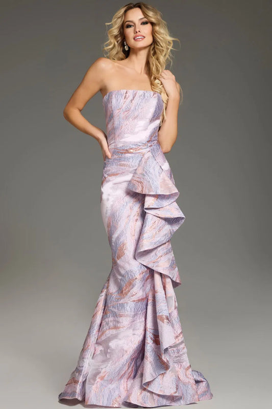 Model wearing Jovani 31137 strapless gown with cascading side ruffle, styled for an evening formal look.
