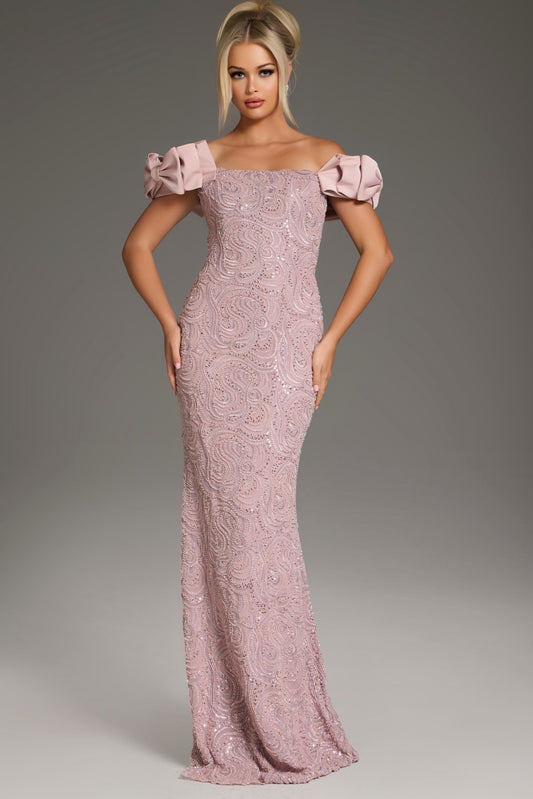 Jovani 38112 Off-the-Shoulder Ruffled Sleeve Evening Gown featuring intricate embellishments and a fitted silhouette for a formal, elegant look.