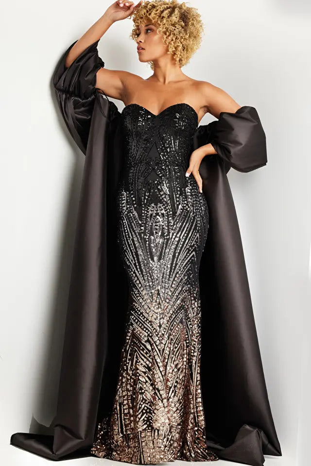 Jovani 38746 Elegant Beaded Off-the-Shoulder Evening Gown with Satin Cape - A mesmerizing beaded evening gown featuring an off-the-shoulder design, strapless sweetheart neckline, and a luxurious satin long cape. Perfect for formal evening events.
