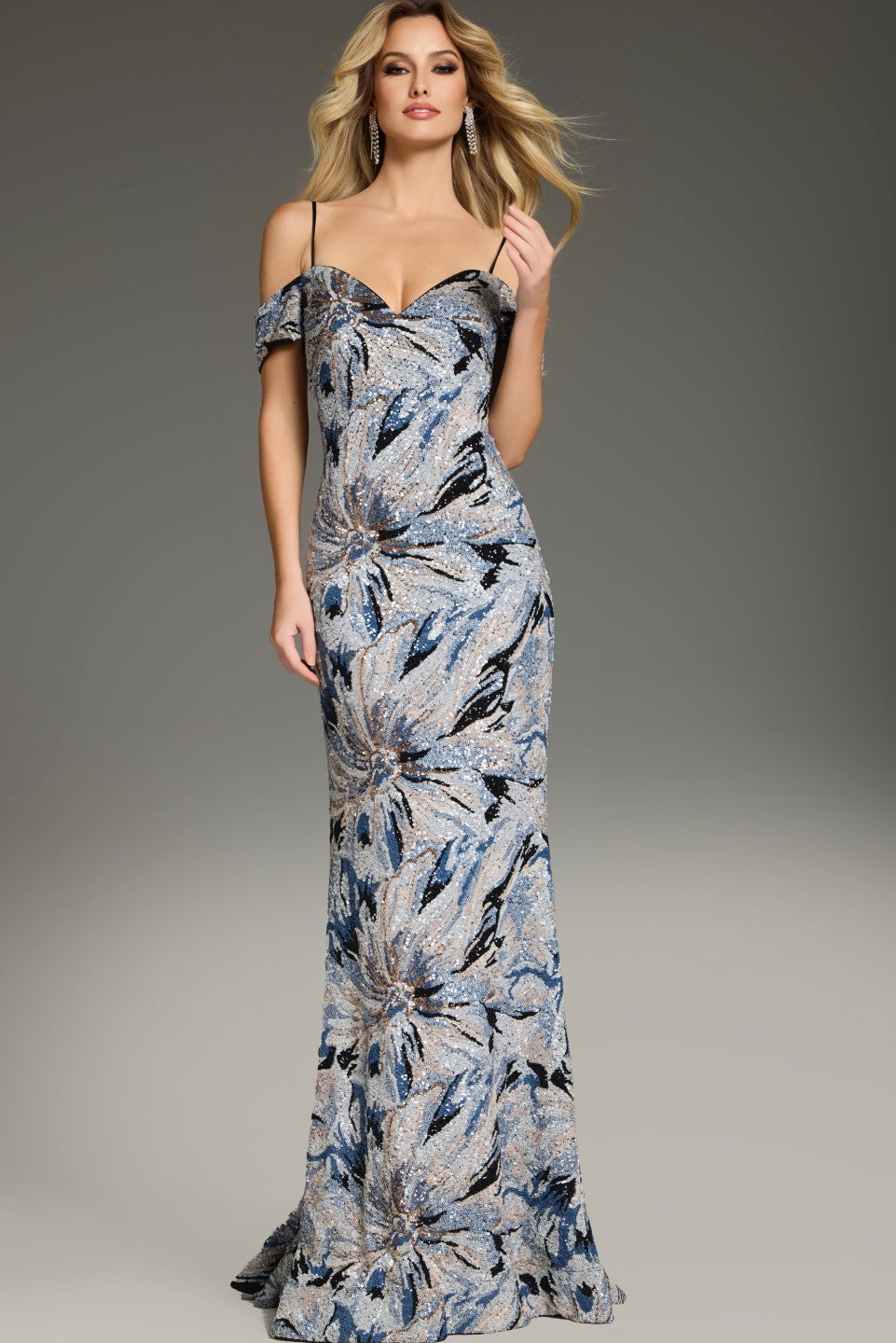 Jovani 39425 Off-the-Shoulder Sequin Gown with Floral Embroidery - A stunning gown featuring an off-the-shoulder neckline, floral embroidery, and shimmering sequins, ideal for formal occasions.