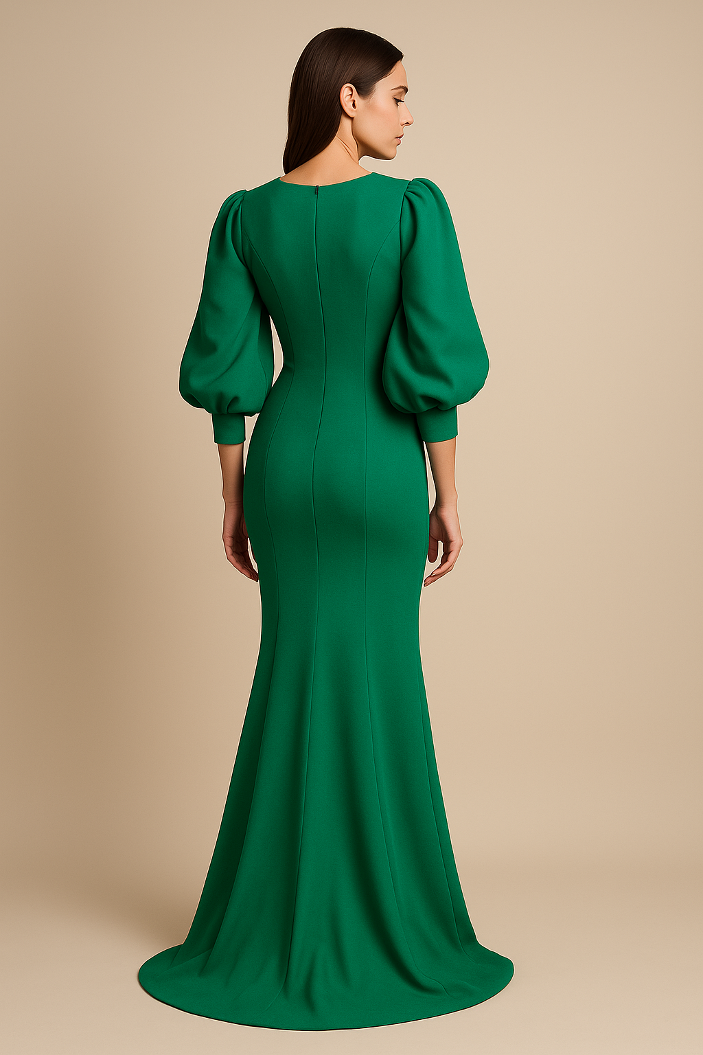 Model wearing Jovani 43052 mermaid gown with puff sleeves and elegant fitted silhouette.