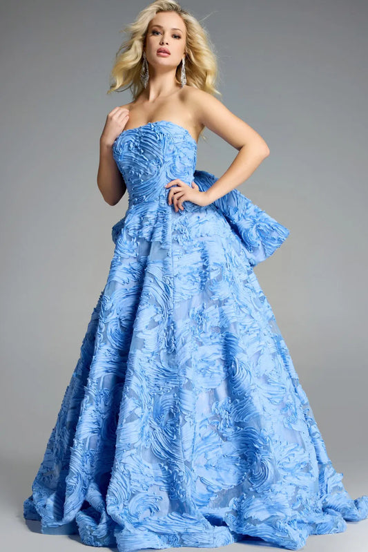 Jovani 44114 strapless blue evening gown with textured floral appliqué, detachable puffed sleeves, and an A-line silhouette, perfect for formal events.