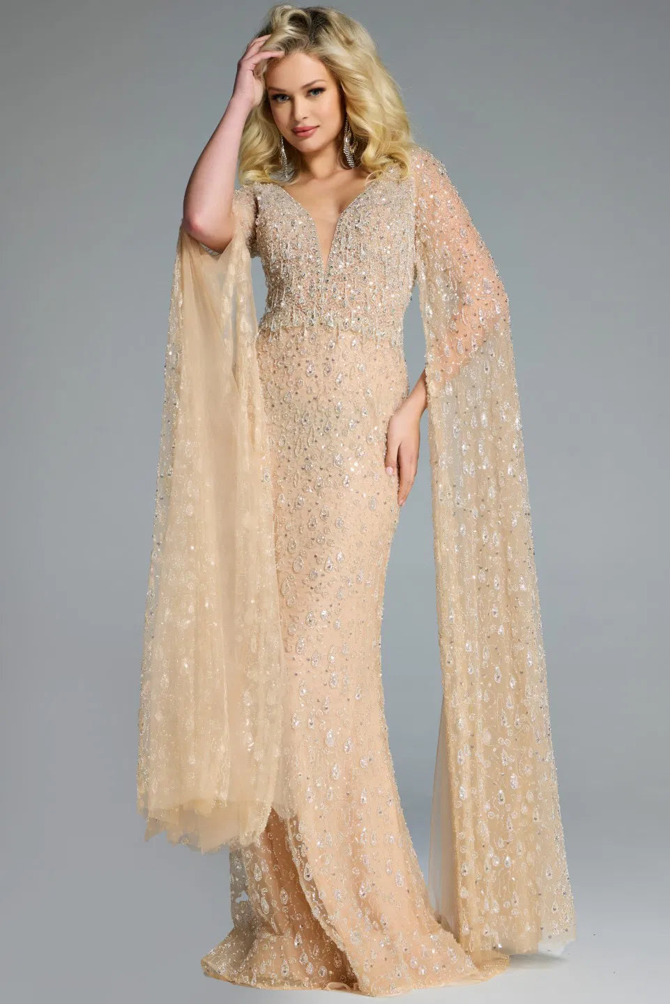 Jovani 44844 Embellished Evening Gown with draped sleeves, intricate beadwork, and a fitted silhouette, perfect for formal occasions.