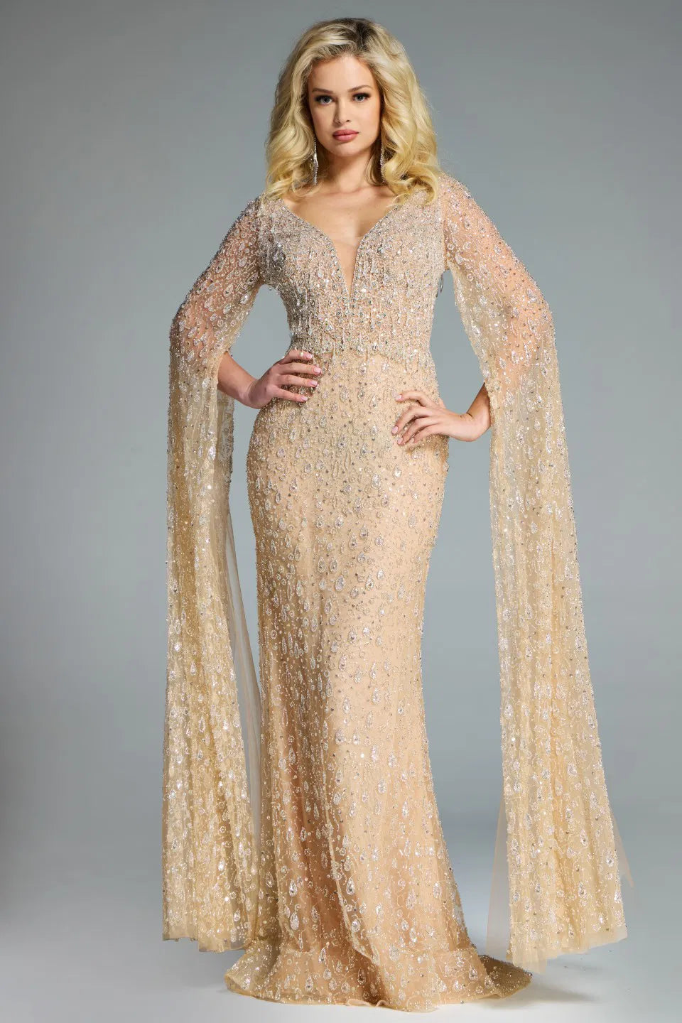 Jovani 44844 Embellished Evening Gown with draped sleeves, intricate beadwork, and a fitted silhouette, perfect for formal occasions.