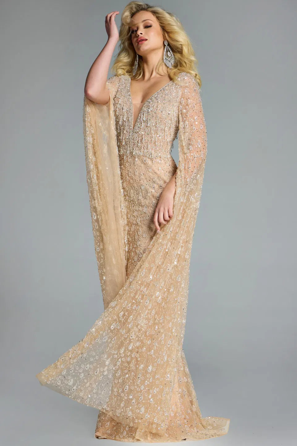Jovani 44844 Embellished Evening Gown with draped sleeves, intricate beadwork, and a fitted silhouette, perfect for formal occasions.