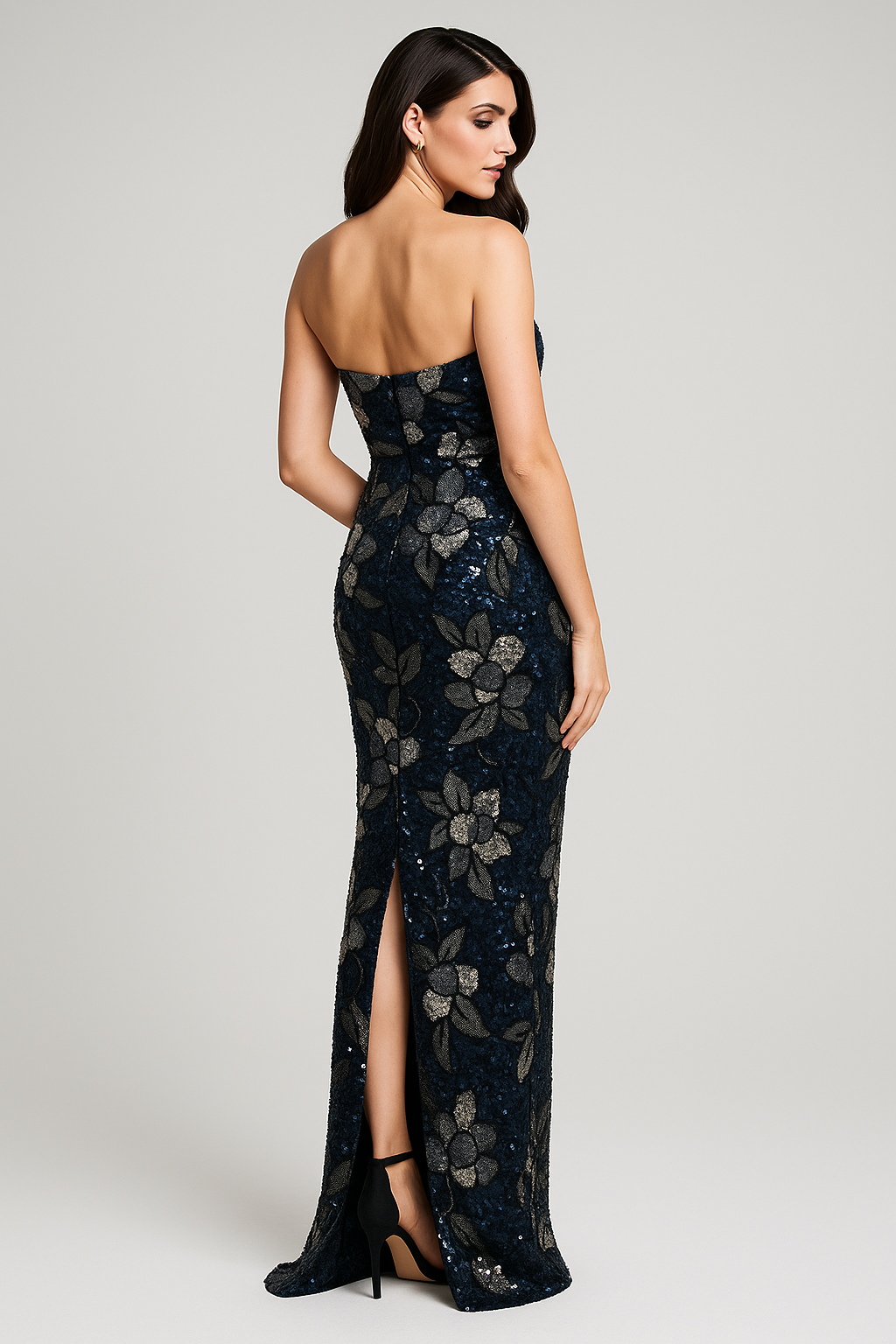 Model wearing Jovani 46431 two-piece column gown with sequin floral detailing, shown strapless and without matching jacket/bolero.  Back View.