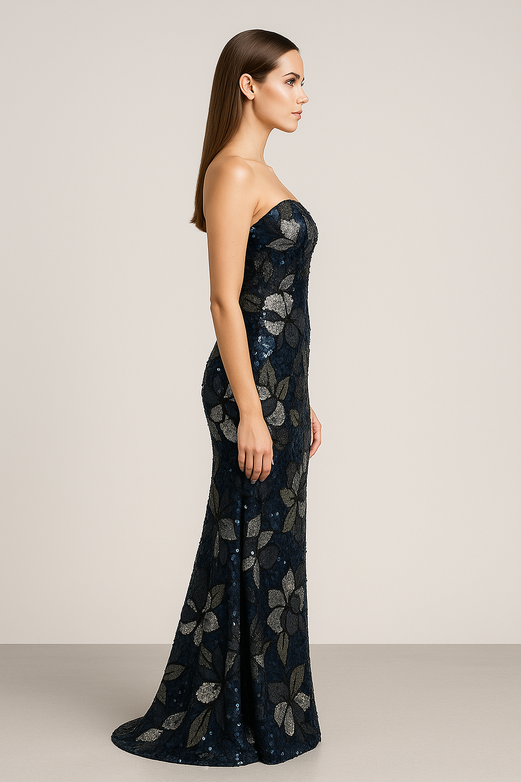 Model wearing Jovani 46431 two-piece column gown with sequin floral detailing, shown strapless and without matching jacket/bolero.  Side View