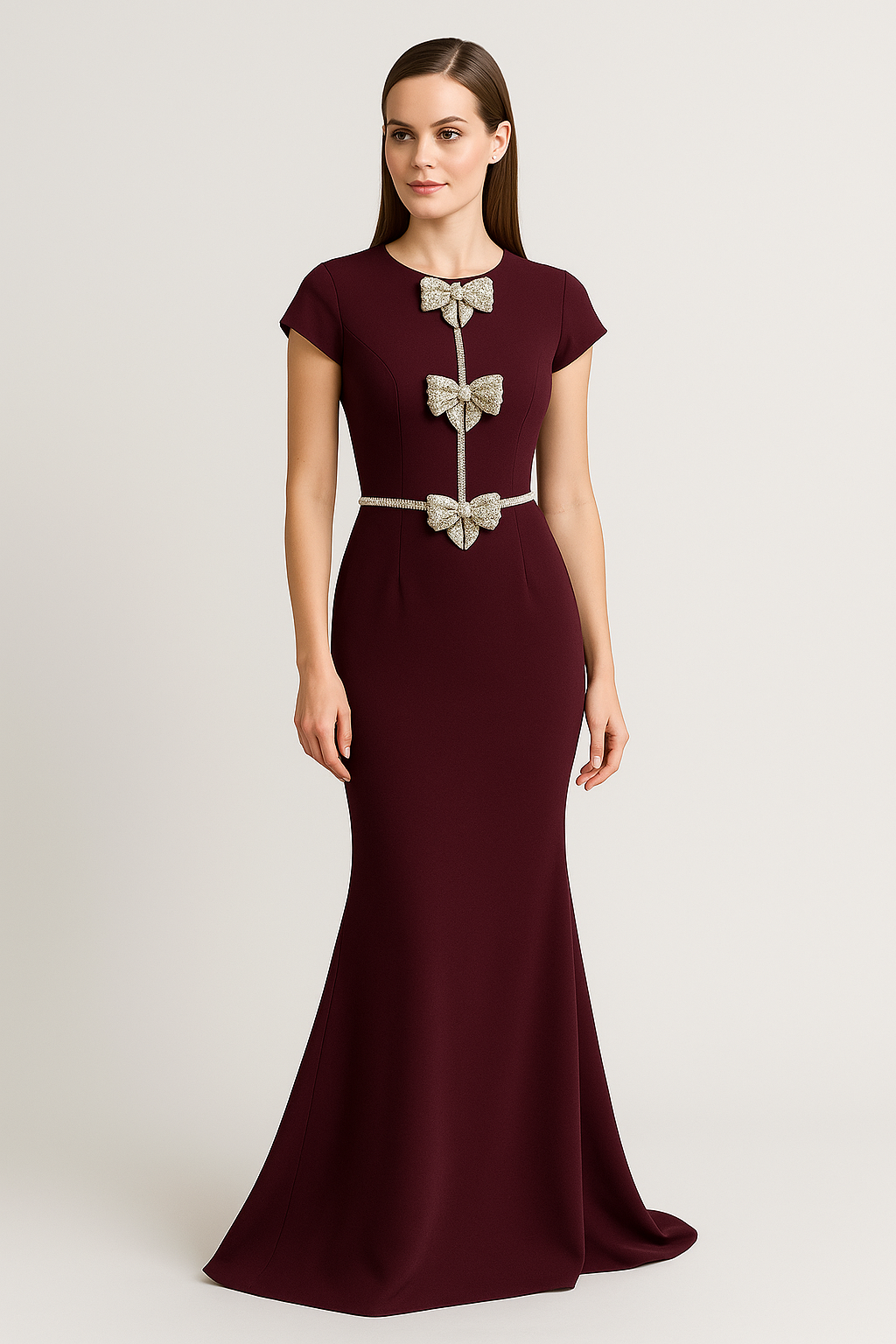Model wearing Jovani 47619 gown with embellished bows, fitted silhouette, and floor-length design.