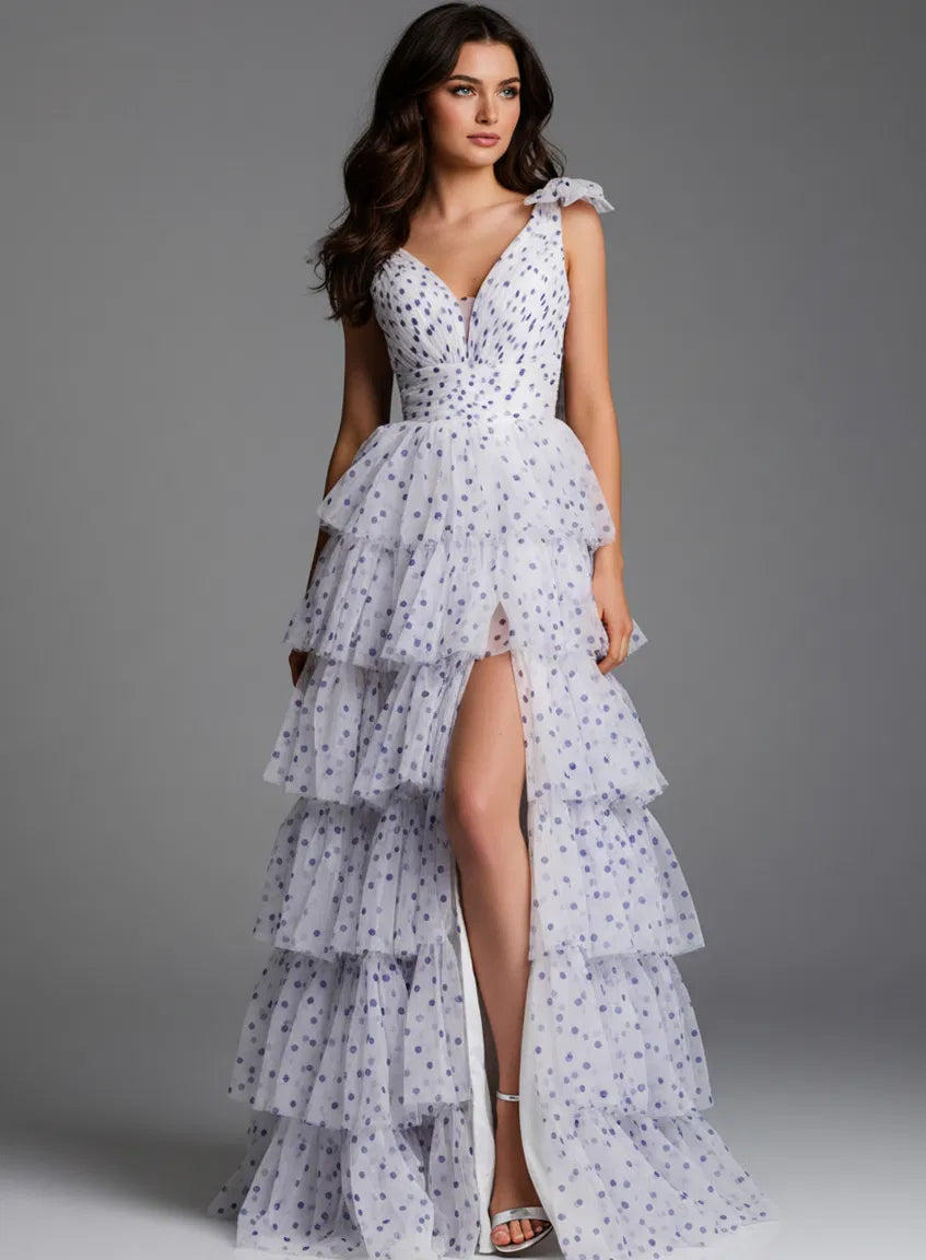 Jovani - 49358 - Tiered Ruffle V-Neck Gown with High Slit