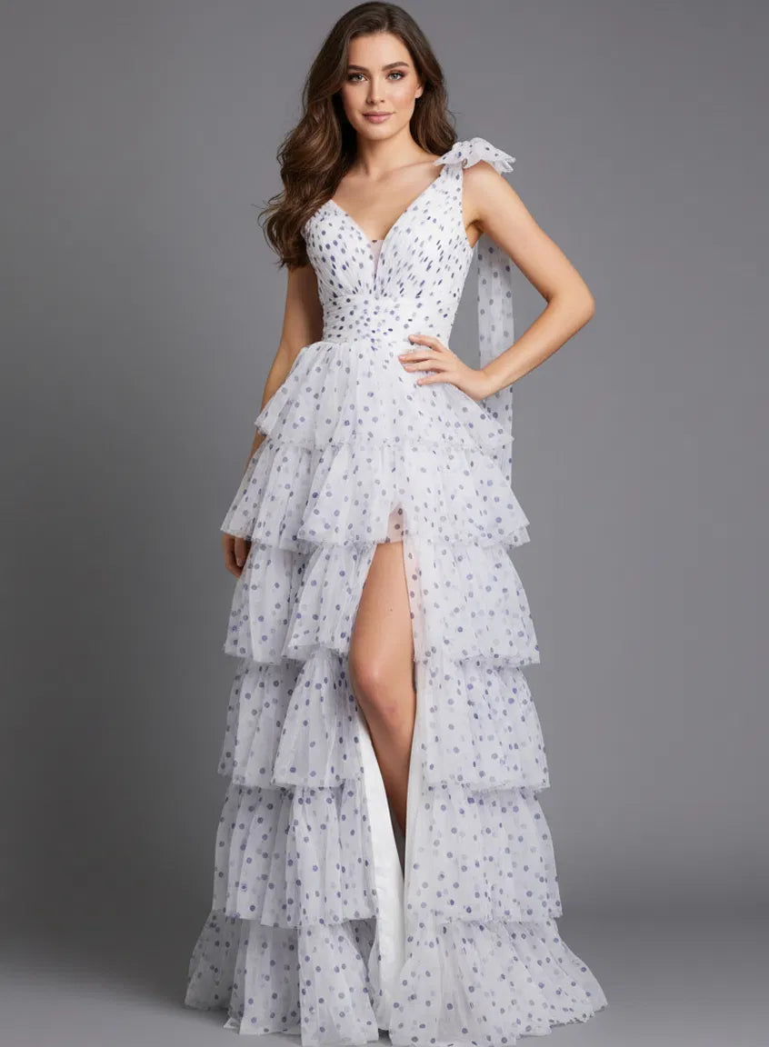 Jovani - 49358 - Tiered Ruffle V-Neck Gown with High Slit