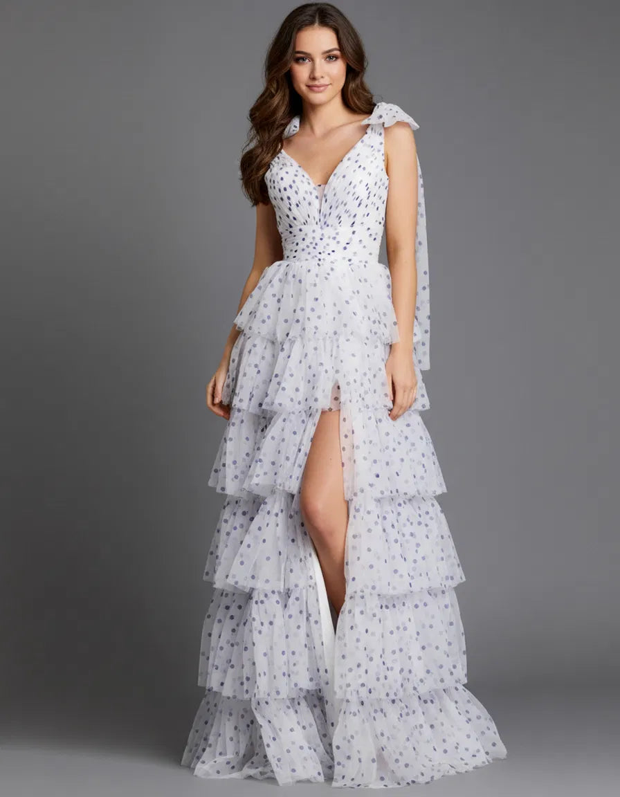 Jovani - 49358 - Tiered Ruffle V-Neck Gown with High Slit