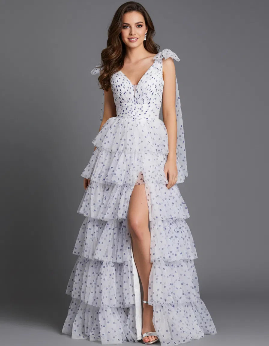 Jovani - 49358 - Tiered Ruffle V-Neck Gown with High Slit
